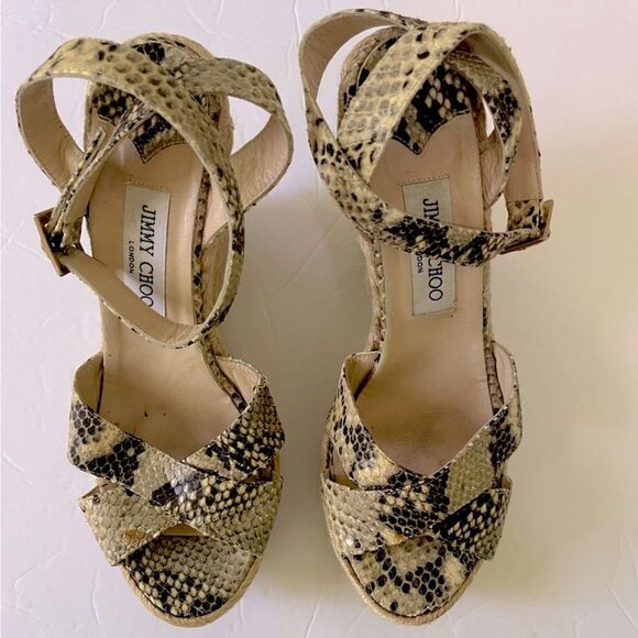 Jimmy Choo Phoenix Snake Print Leather Raffia Platform Wedge Shoe Size 41, US 11 - Picture 4 of 15